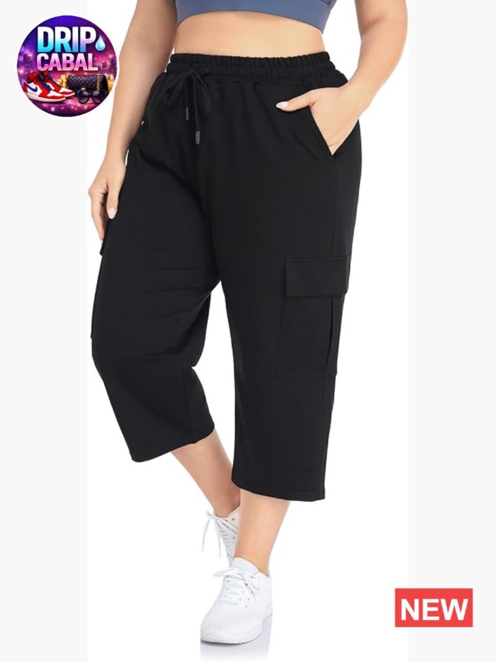 Plus Size Cargo Capri Sweatpants with Pockets, Drawstring, Cotton Blend, High